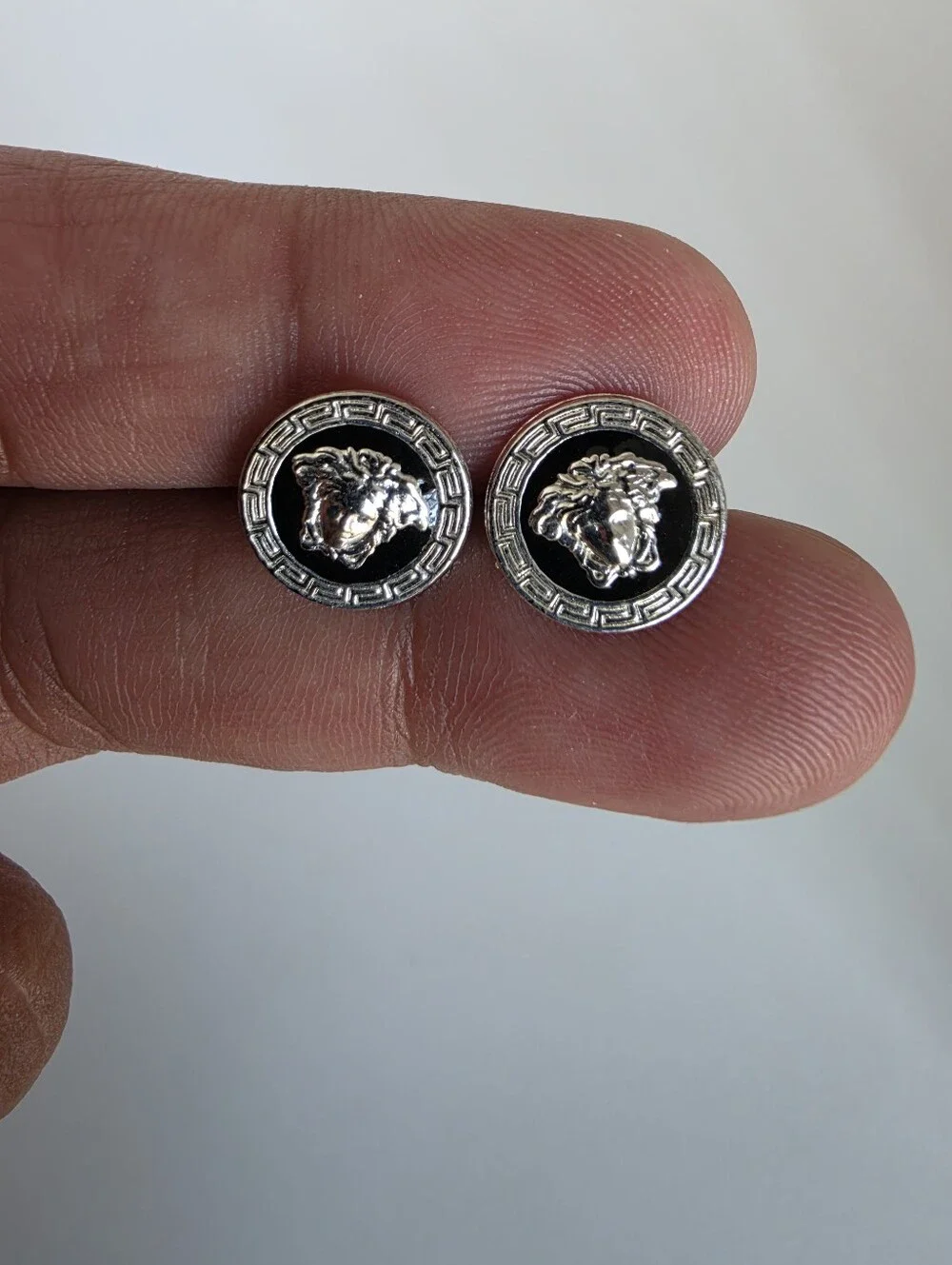 925 Sterling Silver Medusa Stud Earrings Greek Key Black Enamel